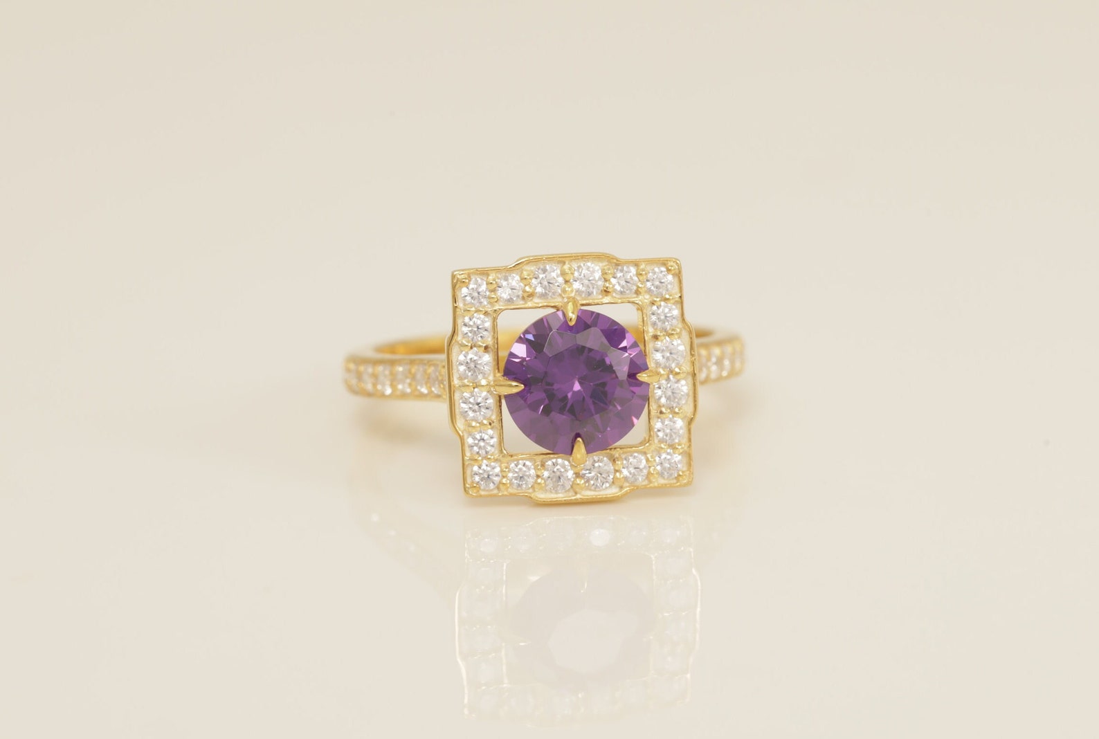 Diamond Halo Amethyst Engagement Ring, February Birthstone Ring, Bridal Promise Ring for Women, Anniversary Ring